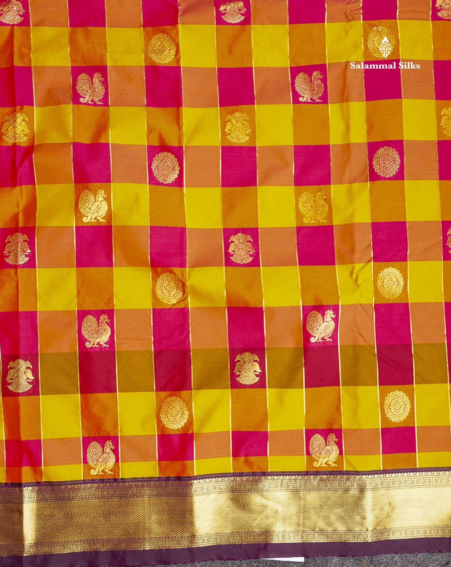 Semi Silk Saree - Paalum Pazham Checks With Traditional Buttas & Dark Purple Border