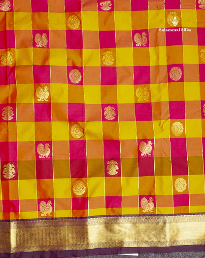 Semi Silk Saree - Paalum Pazham Checks With Traditional Buttas & Dark Purple Border