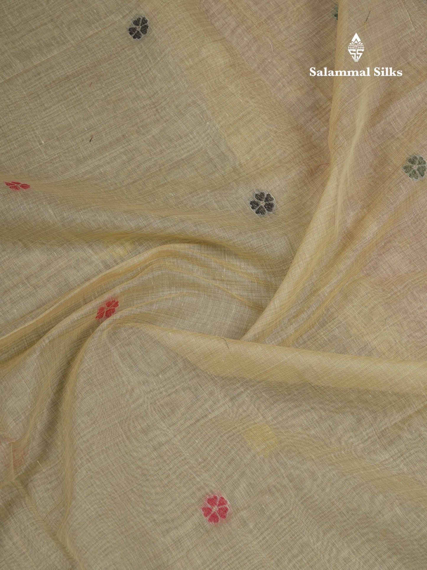 Beautiful Cream Sandal Thread Work Buttas Muga Cotton Saree With Contrast Red Blouse