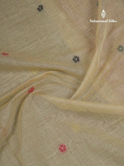 Beautiful Cream Sandal Thread Work Buttas Muga Cotton Saree With Contrast Red Blouse