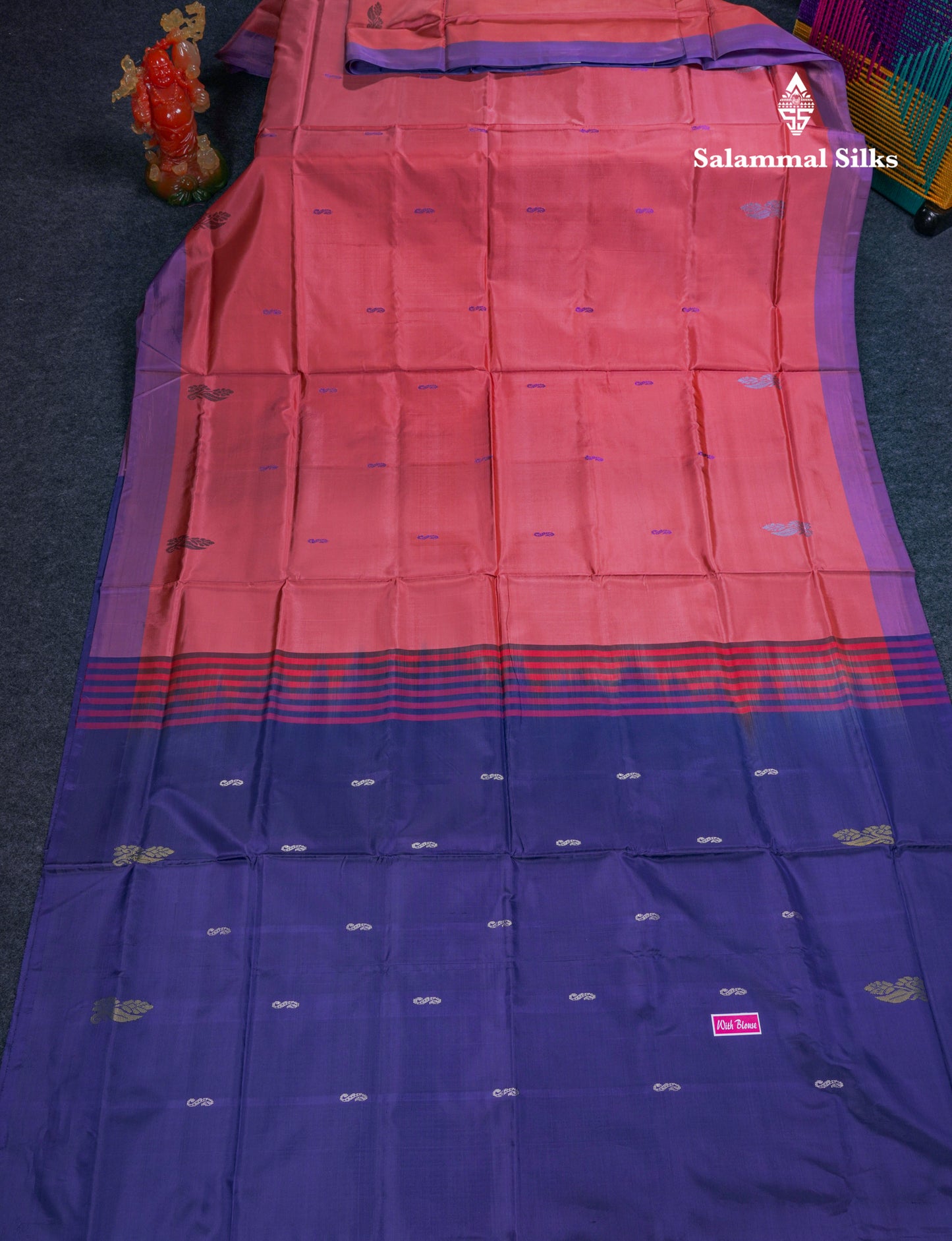 Dark Peach Thread work Buttas Banana Pinth Saree (Vaazhainaar Pattu) With Contrast Navy Blue Blouse