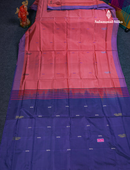 Dark Peach Thread work Buttas Banana Pinth Saree (Vaazhainaar Pattu) With Contrast Navy Blue Blouse
