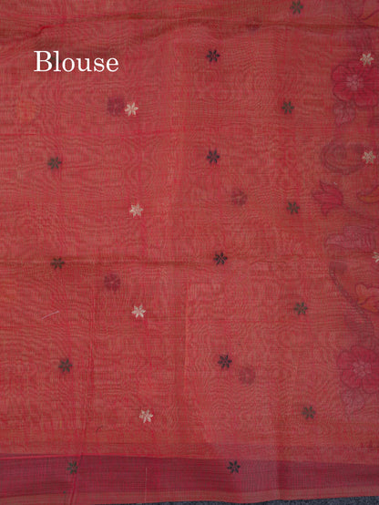 Beautiful Cream Sandal Thread Work Buttas Muga Cotton Saree With Contrast Red Blouse