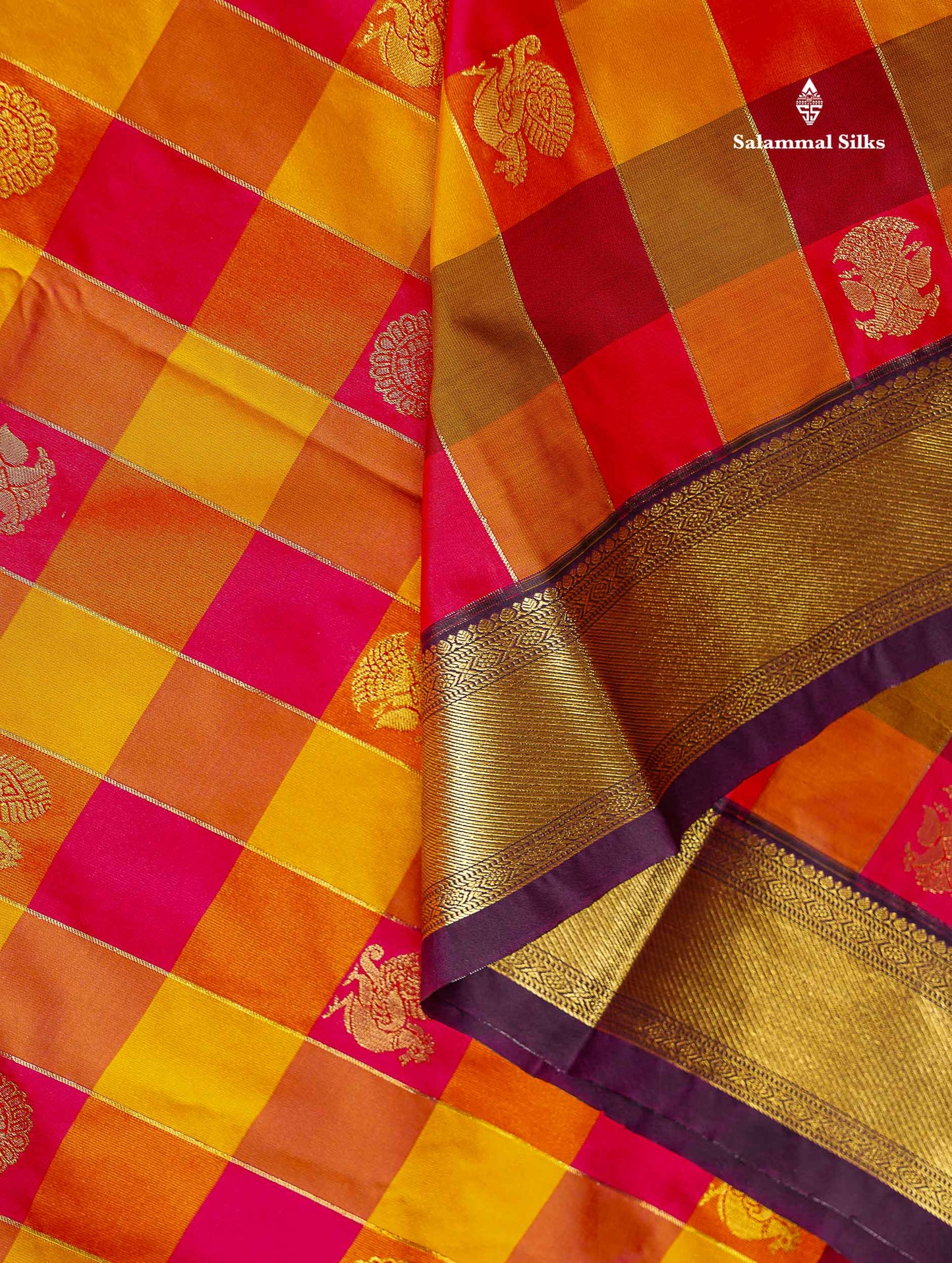 Semi Silk Saree - Paalum Pazham Checks With Traditional Buttas & Dark Purple Border