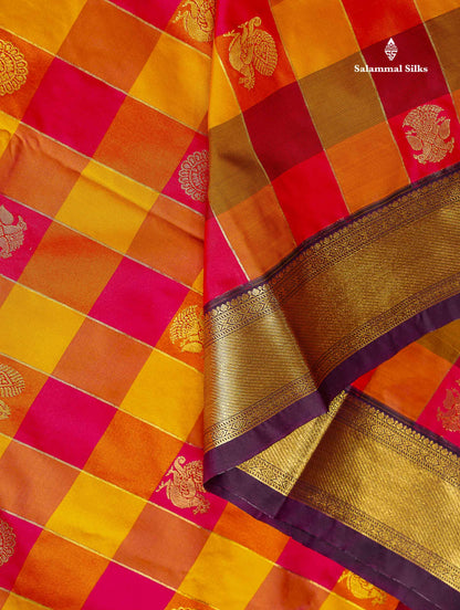 Semi Silk Saree - Paalum Pazham Checks With Traditional Buttas & Dark Purple Border