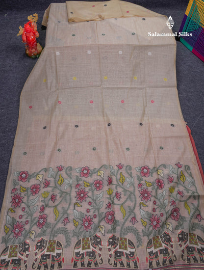 Beautiful Cream Sandal Thread Work Buttas Muga Cotton Saree With Contrast Red Blouse