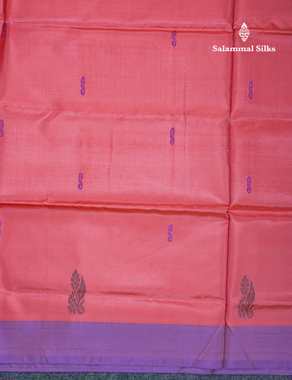 Dark Peach Thread work Buttas Banana Pinth Saree (Vaazhainaar Pattu) With Contrast Navy Blue Blouse