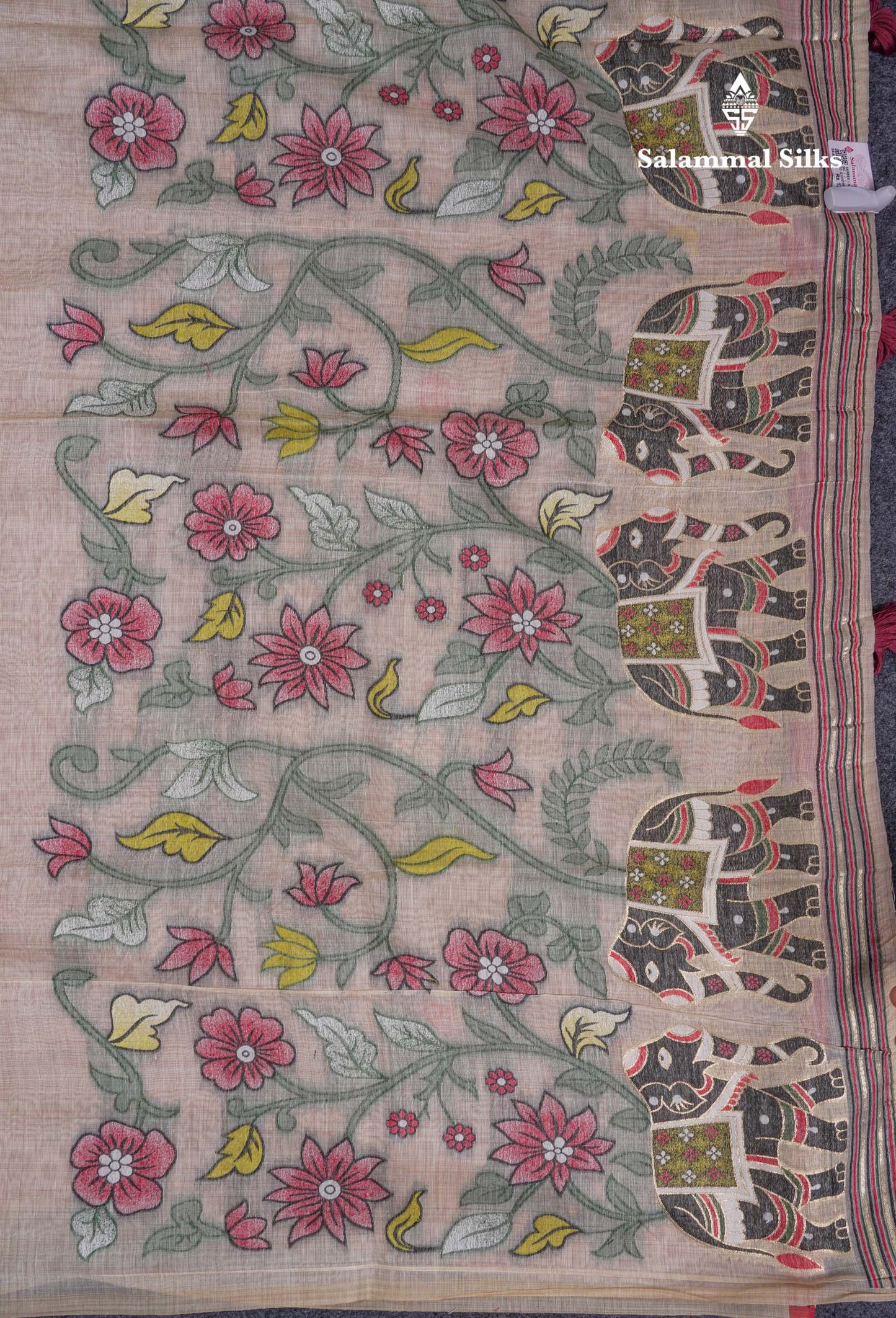 Beautiful Cream Sandal Thread Work Buttas Muga Cotton Saree With Contrast Red Blouse