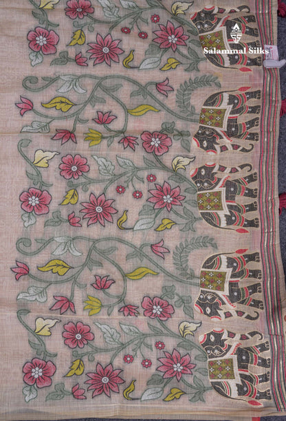 Beautiful Cream Sandal Thread Work Buttas Muga Cotton Saree With Contrast Red Blouse