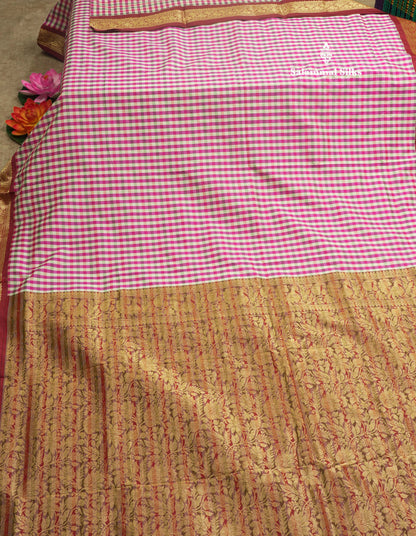 9.5 Yards Semi Silk Saree Multicolour Checks with Maroon Border