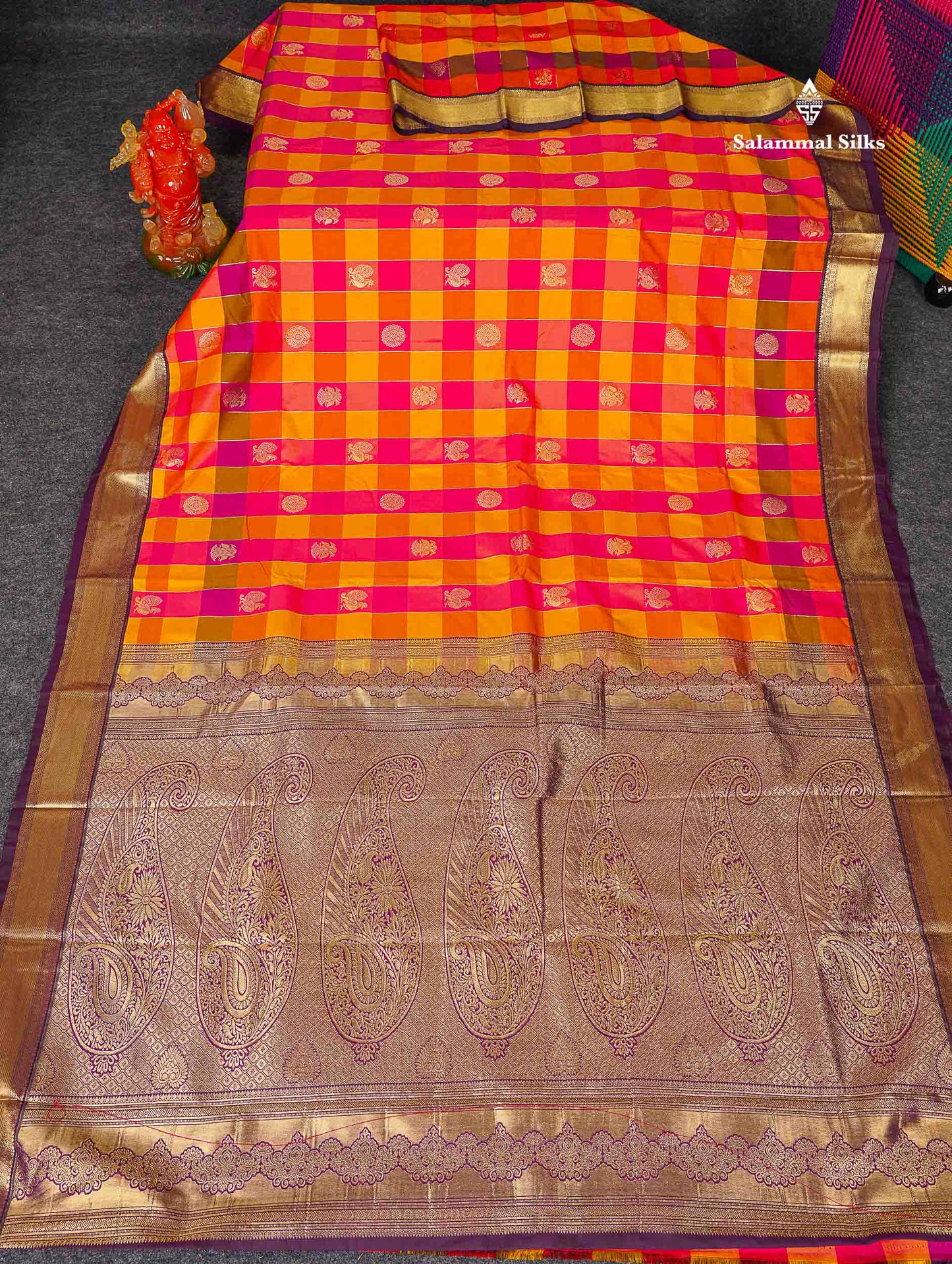 Semi Silk Saree - Paalum Pazham Checks With Traditional Buttas & Dark Purple Border