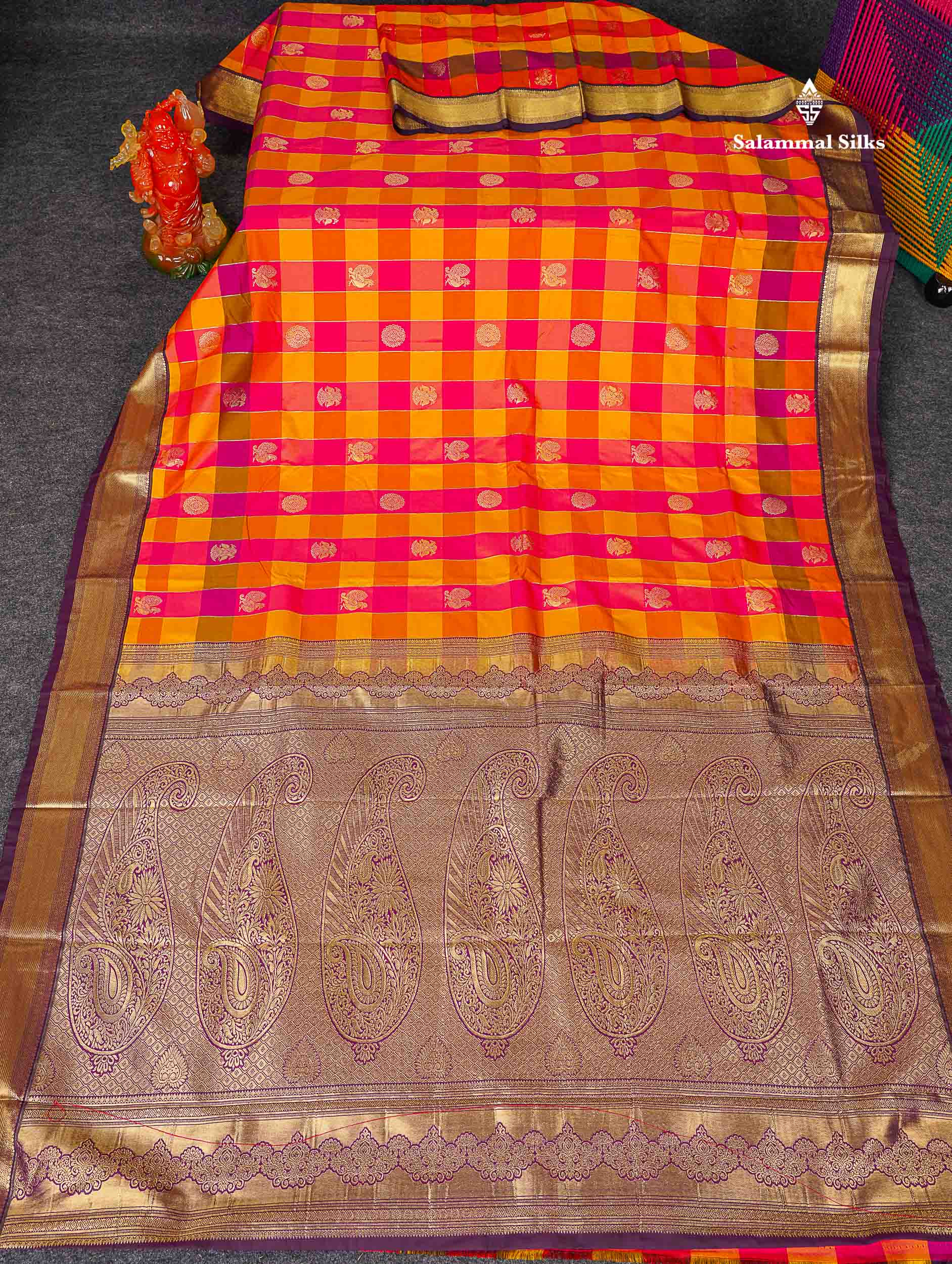 Semi Silk Saree - Paalum Pazham Checks With Traditional Buttas & Dark Purple Border
