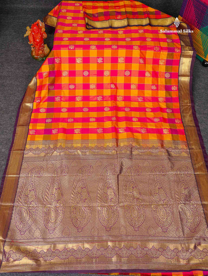 Semi Silk Saree - Paalum Pazham Checks With Traditional Buttas & Dark Purple Border