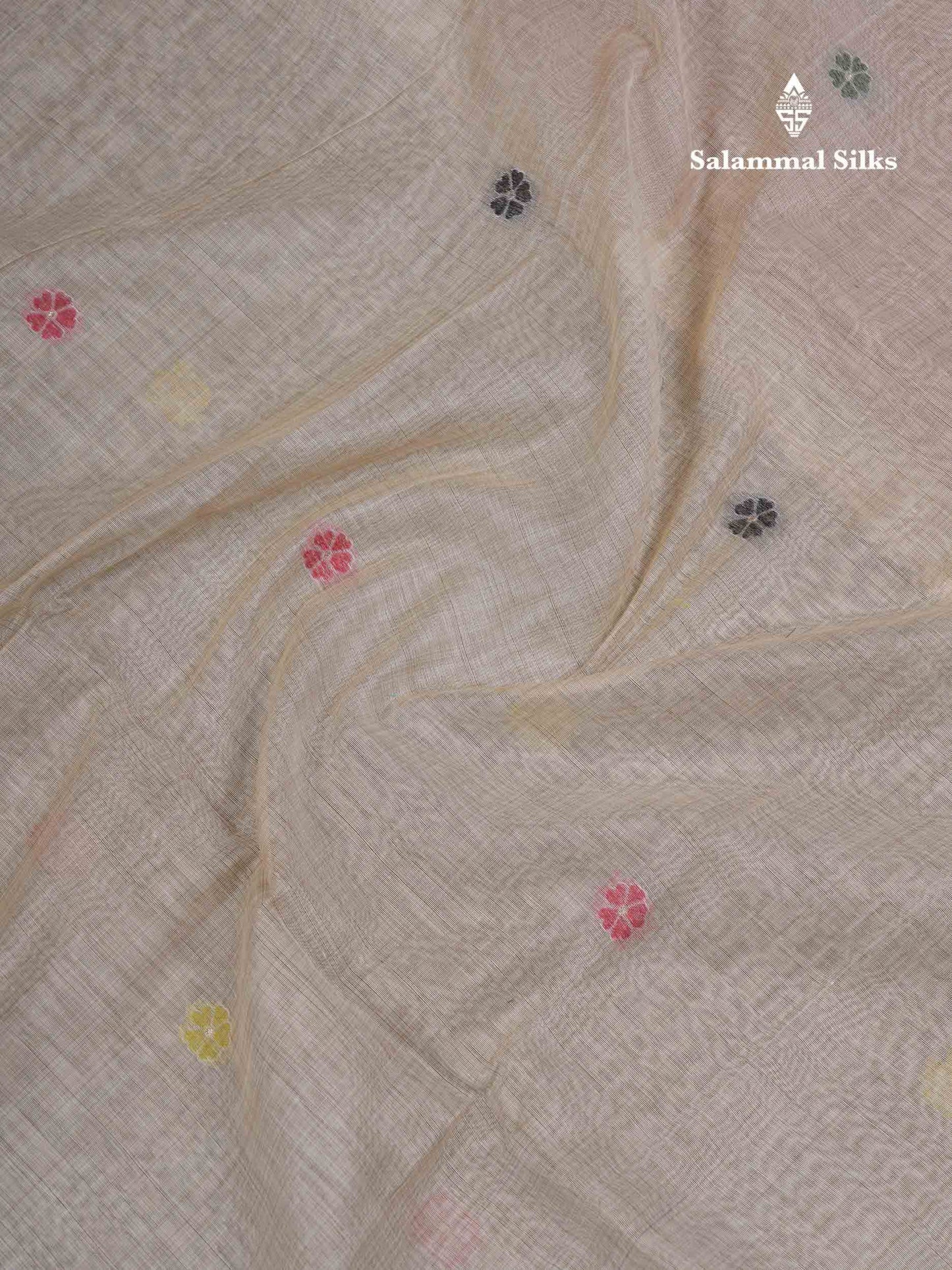 Beautiful Cream Sandal Thread Work Buttas Muga Cotton Saree With Contrast Red Blouse