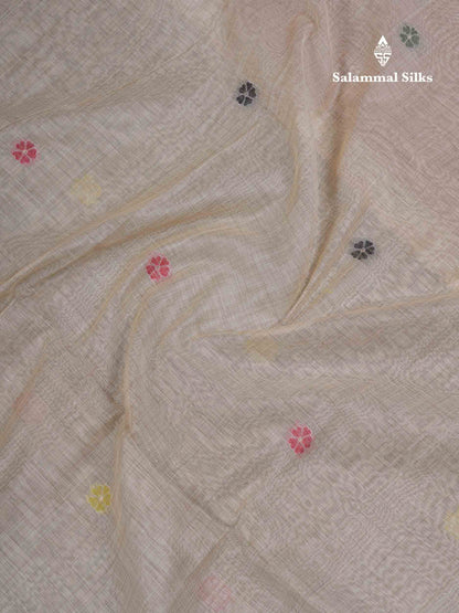 Beautiful Cream Sandal Thread Work Buttas Muga Cotton Saree With Contrast Red Blouse