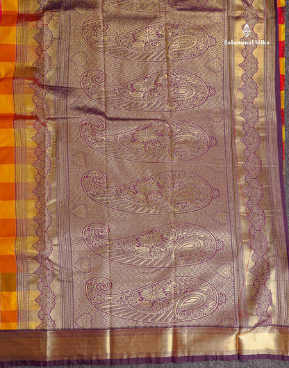 Semi Silk Saree - Paalum Pazham Checks With Traditional Buttas & Dark Purple Border