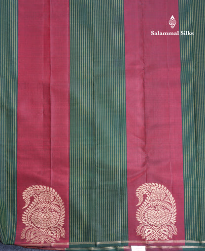 Bottle Green And Wine Zari Lines Beautiful Pure Kanjivaram Silk Saree Pure Zari without Border