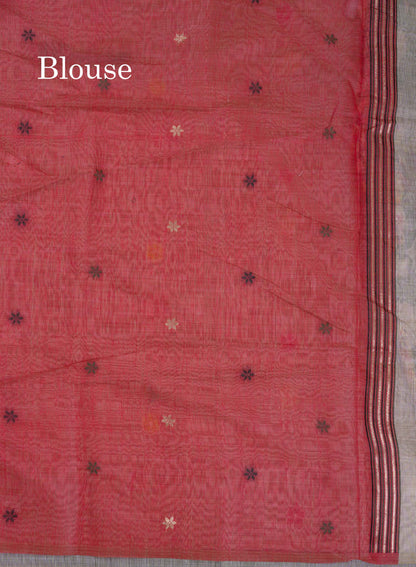 Beautiful Cream Sandal Thread Work Buttas Muga Cotton Saree With Contrast Red Blouse