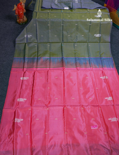 Olive Green Thread work Buttas Banana Pinth Saree (Vaazhainaar Pattu) With Contrast Pink Blouse