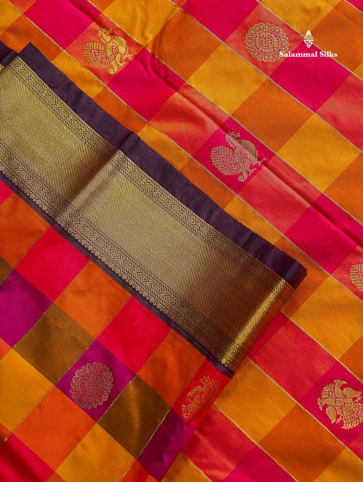 Semi Silk Saree - Paalum Pazham Checks With Traditional Buttas & Dark Purple Border