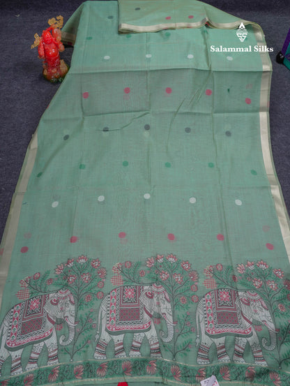 Beautiful Sapphire Green Thread Work Butta Muga Cotton Saree With Contrast Peacock Blue Blouse