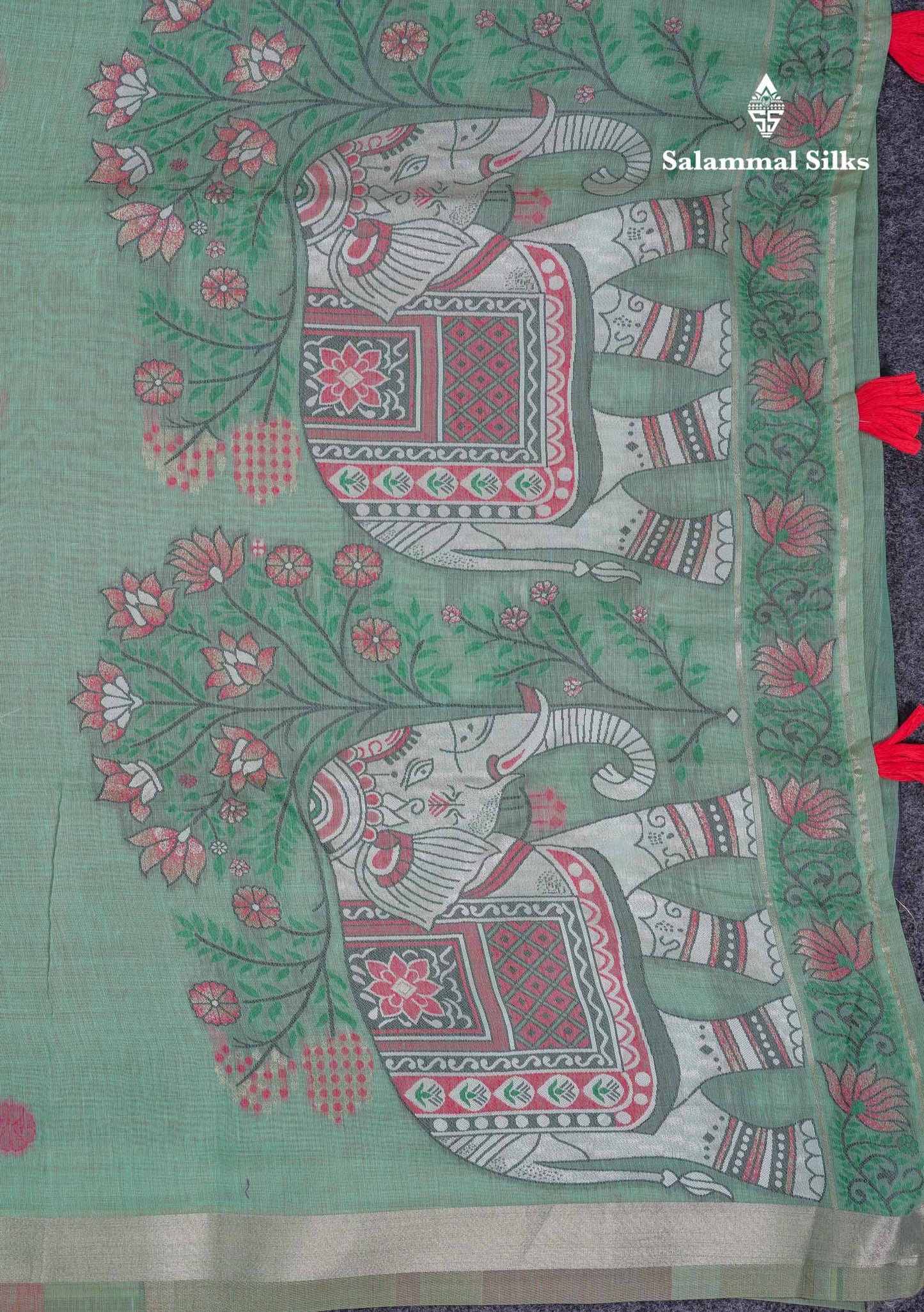 Beautiful Sapphire Green Thread Work Butta Muga Cotton Saree With Contrast Peacock Blue Blouse