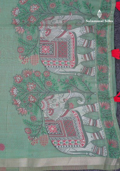 Beautiful Sapphire Green Thread Work Butta Muga Cotton Saree With Contrast Peacock Blue Blouse