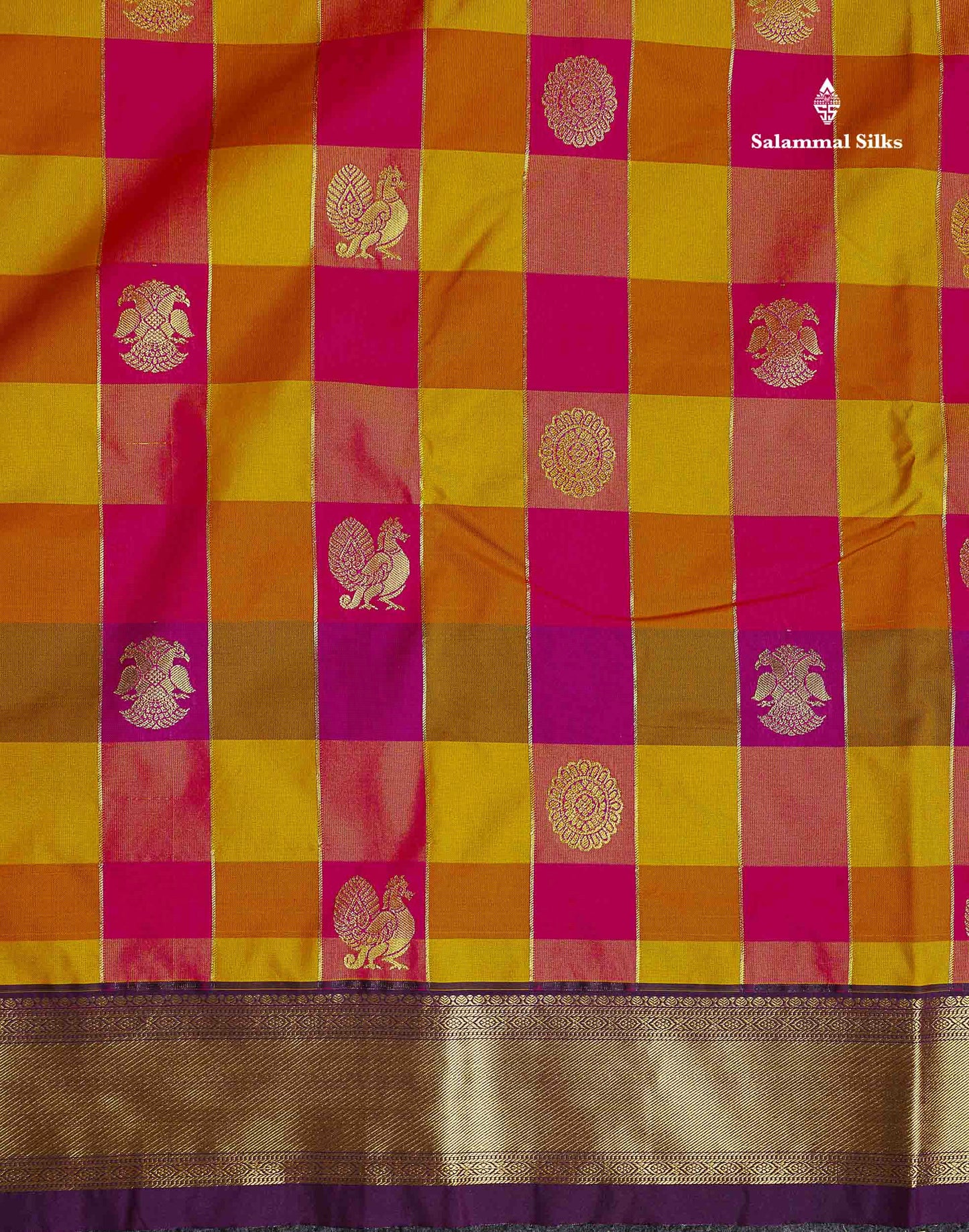 Semi Silk Saree - Paalum Pazham Checks With Traditional Buttas & Dark Purple Border