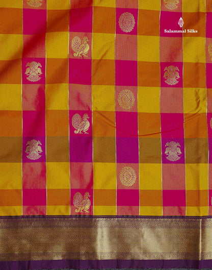 Semi Silk Saree - Paalum Pazham Checks With Traditional Buttas & Dark Purple Border