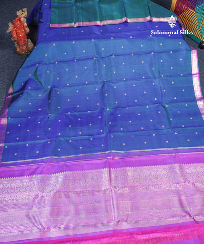 Peacock Blue Beautiful Small Buttas Pure Kanjivaram Silk Saree Pure Zari with Violet Small Border