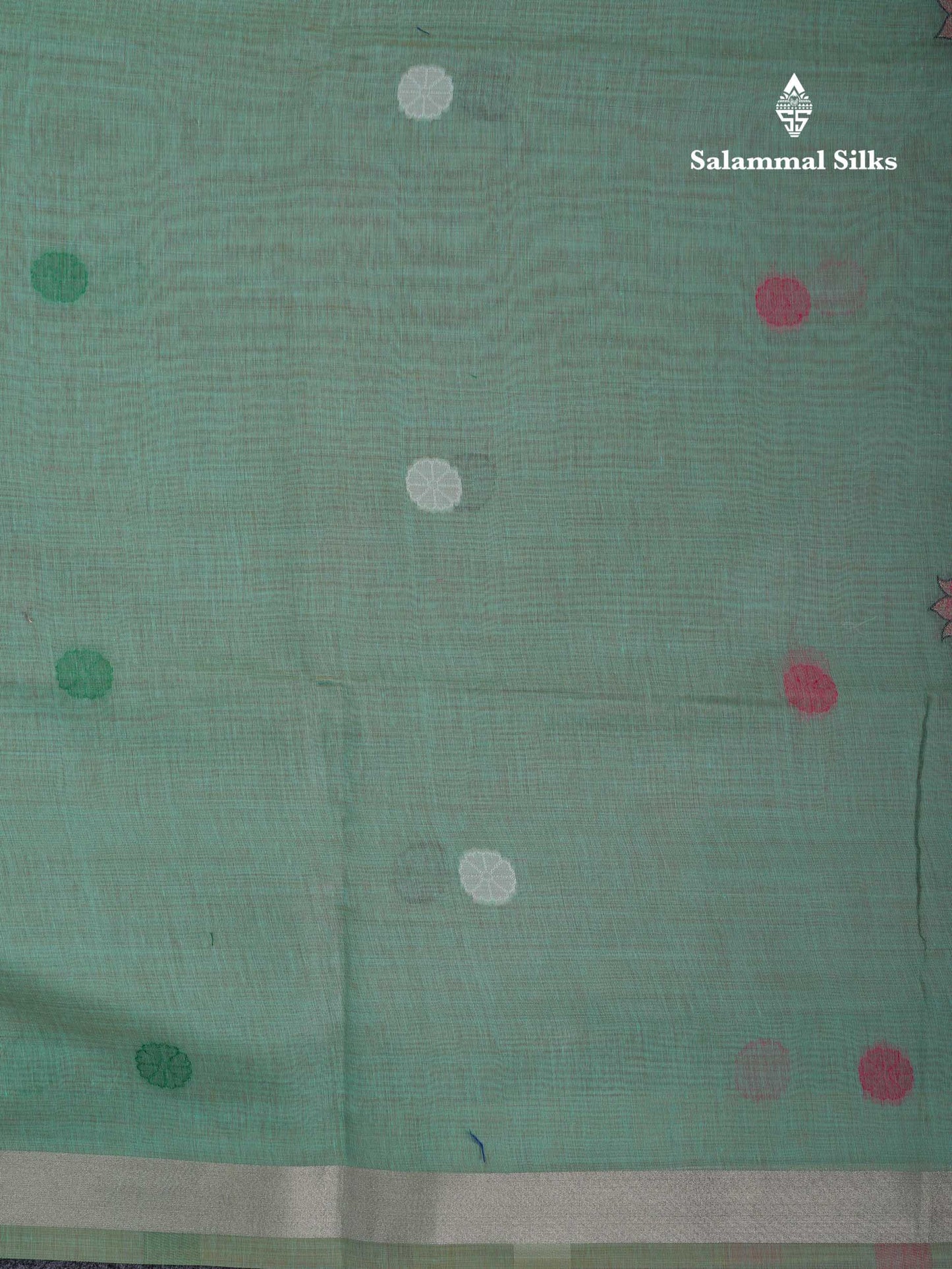 Beautiful Sapphire Green Thread Work Butta Muga Cotton Saree With Contrast Peacock Blue Blouse