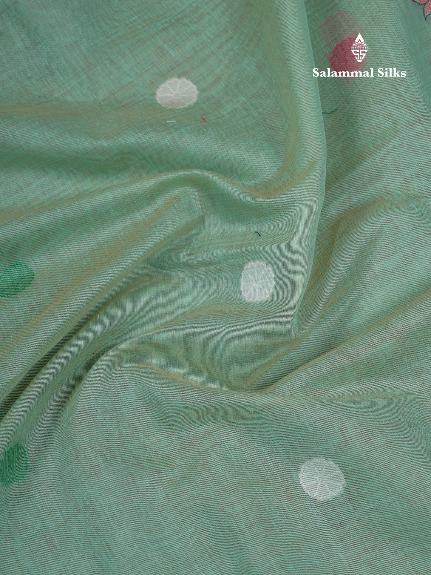 Beautiful Sapphire Green Thread Work Butta Muga Cotton Saree With Contrast Peacock Blue Blouse