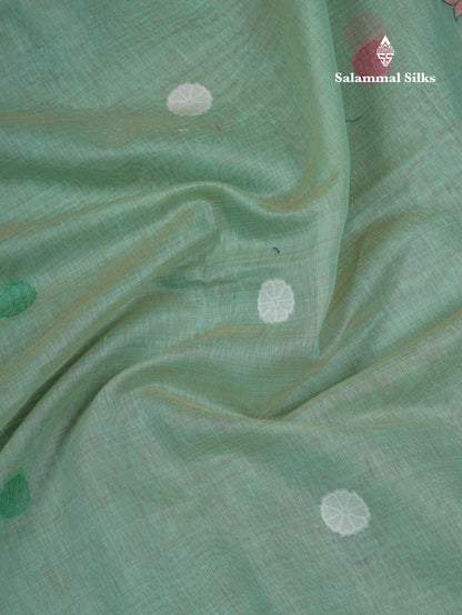 Beautiful Sapphire Green Thread Work Butta Muga Cotton Saree With Contrast Peacock Blue Blouse