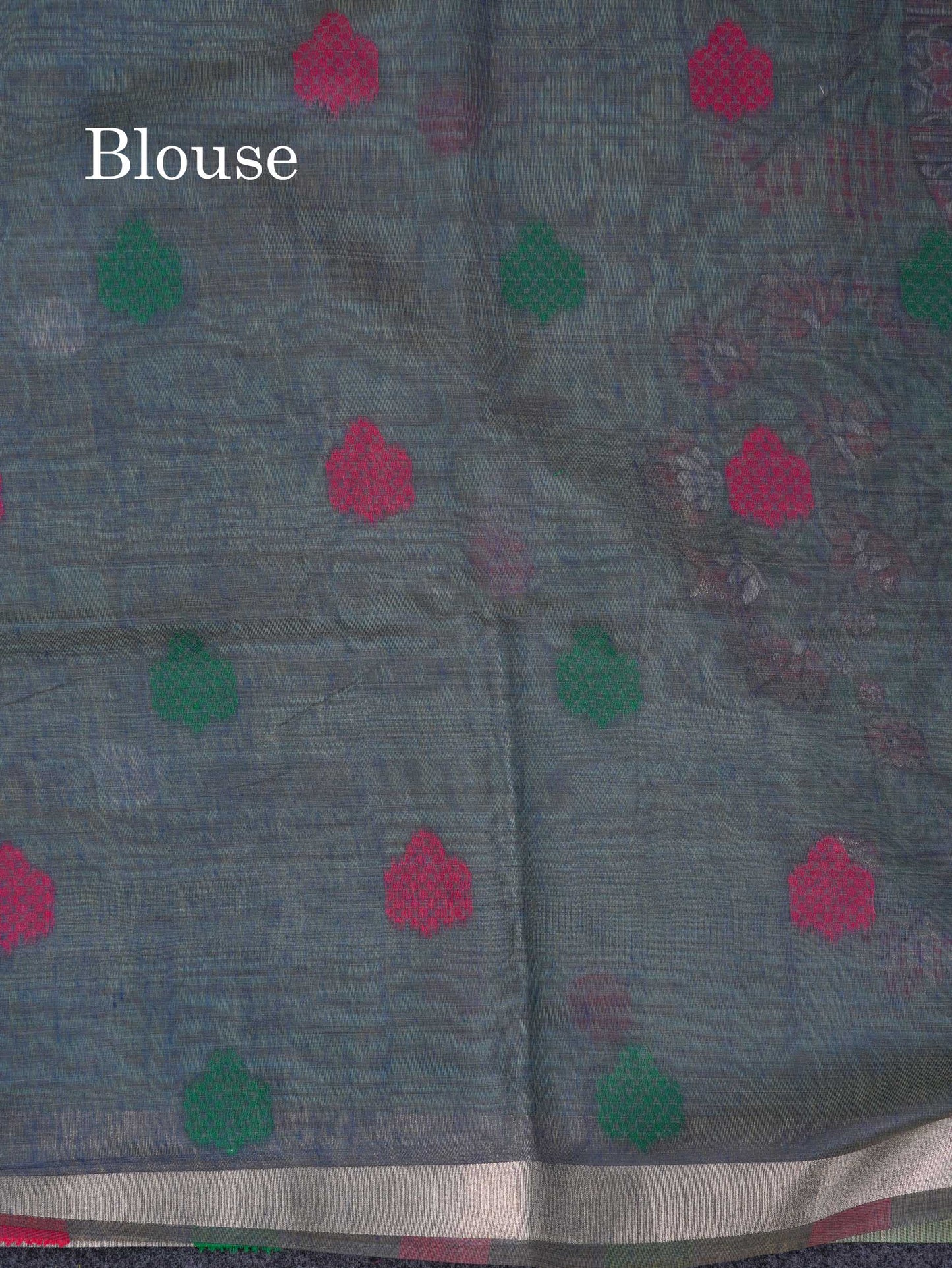Beautiful Sapphire Green Thread Work Butta Muga Cotton Saree With Contrast Peacock Blue Blouse