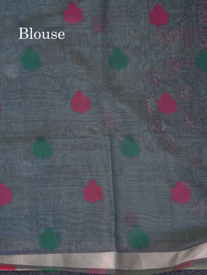 Beautiful Sapphire Green Thread Work Butta Muga Cotton Saree With Contrast Peacock Blue Blouse