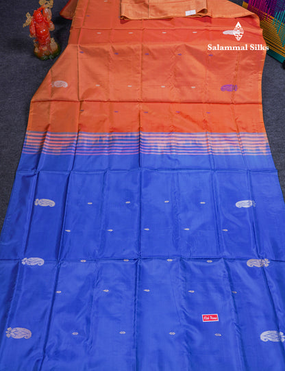Orange Thread work Buttas Banana Pinth Saree (Vaazhainaar Pattu) With Contrast Royal Blue Blouse