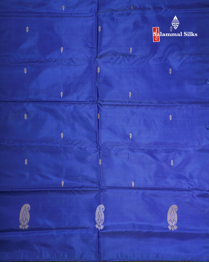 Orange Thread work Buttas Banana Pinth Saree (Vaazhainaar Pattu) With Contrast Royal Blue Blouse