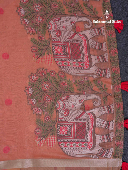 Beautiful Sapphire Green Thread Work Butta Muga Cotton Saree With Contrast Peacock Blue Blouse