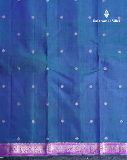 Peacock Blue Beautiful Small Buttas Pure Kanjivaram Silk Saree Pure Zari with Violet Small Border
