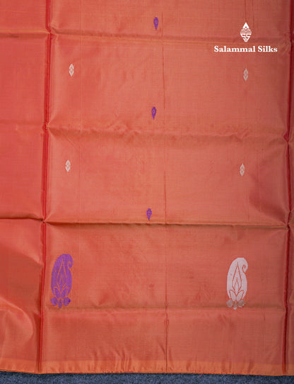 Orange Thread work Buttas Banana Pinth Saree (Vaazhainaar Pattu) With Contrast Royal Blue Blouse
