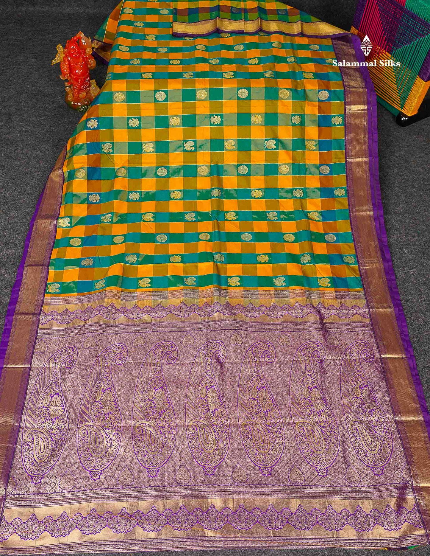 Semi Silk Saree - Paalum Pazham Checks With Traditional Buttas & Purple Border