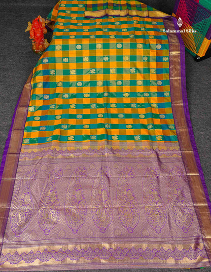 Semi Silk Saree - Paalum Pazham Checks With Traditional Buttas & Purple Border