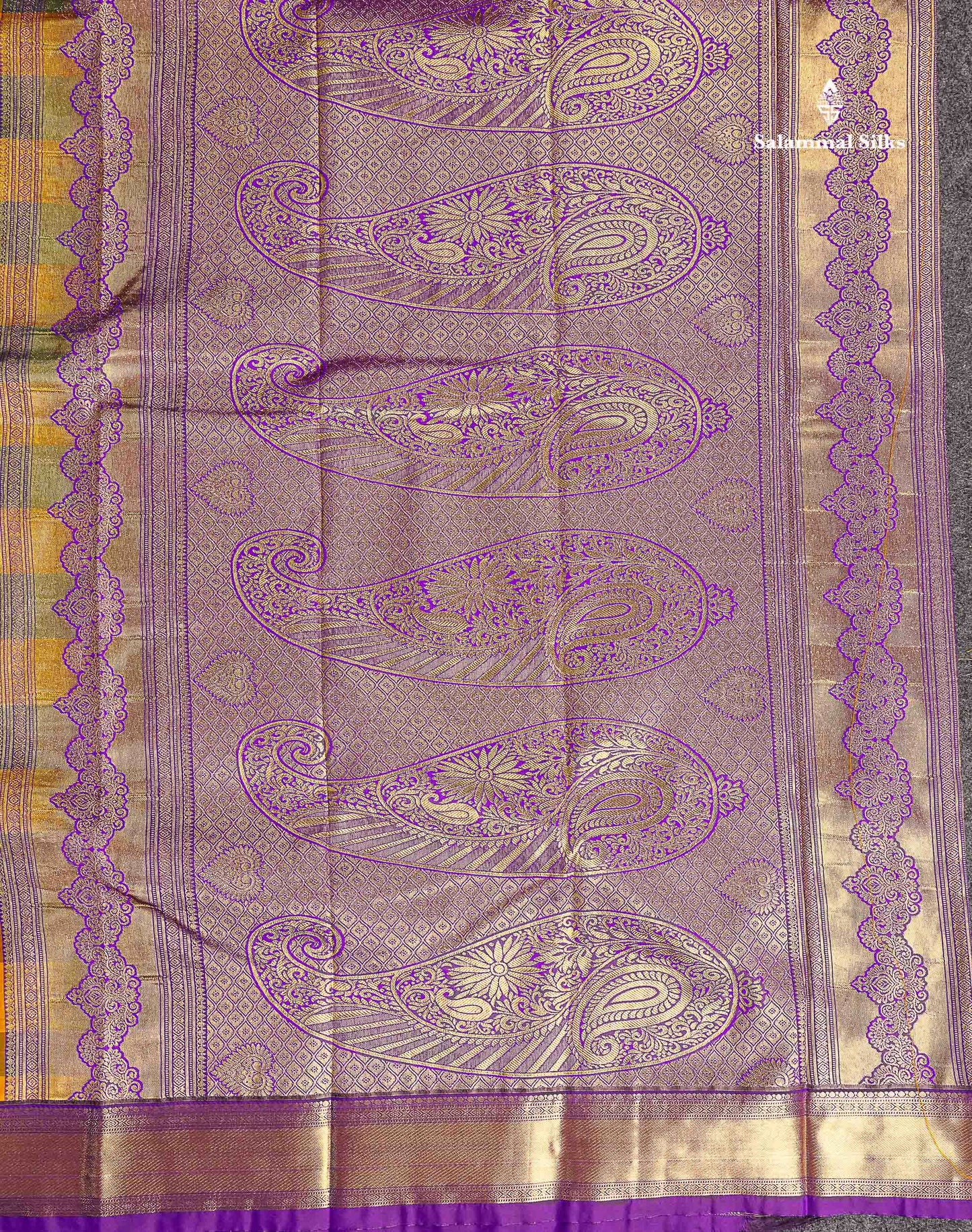 Semi Silk Saree - Paalum Pazham Checks With Traditional Buttas & Purple Border