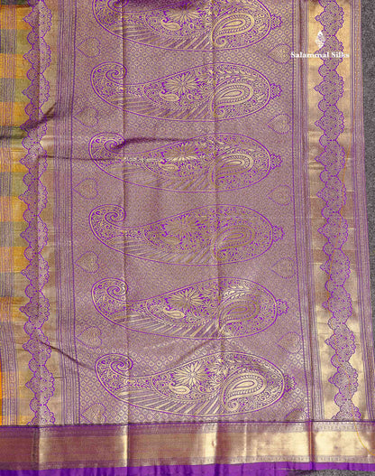 Semi Silk Saree - Paalum Pazham Checks With Traditional Buttas & Purple Border