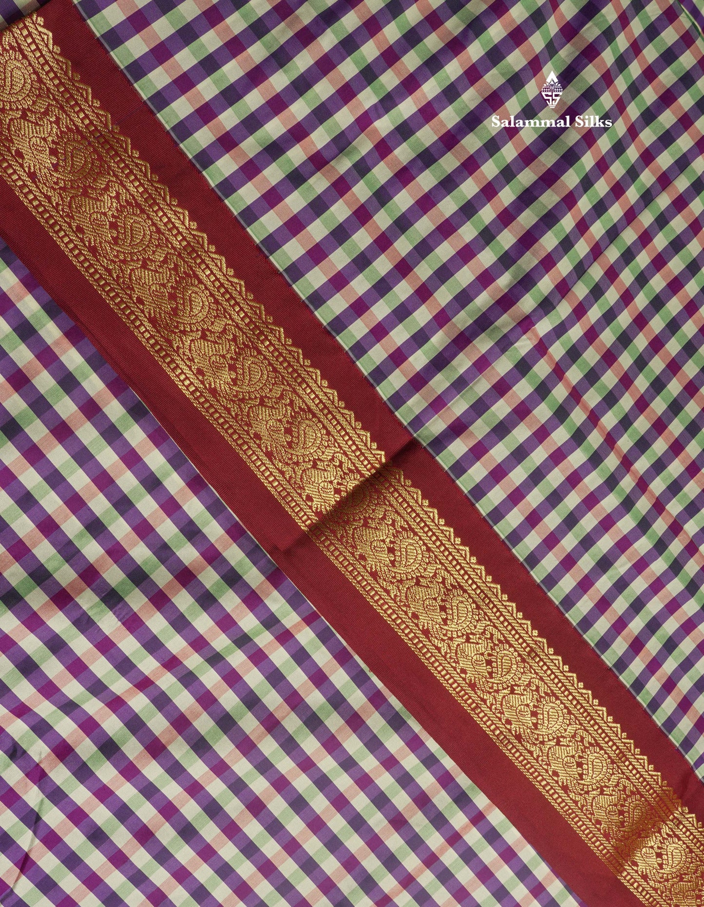 9.5 Yards Semi Silk Saree Multicolour Checks with Maroon Border