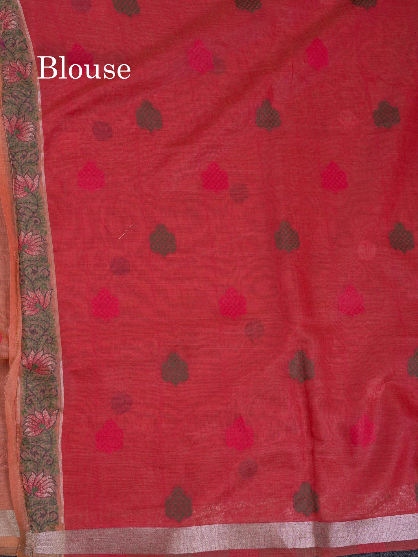 Beautiful Sapphire Green Thread Work Butta Muga Cotton Saree With Contrast Peacock Blue Blouse