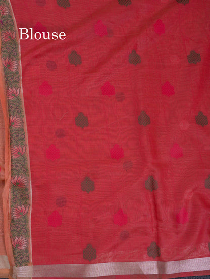 Beautiful Sapphire Green Thread Work Butta Muga Cotton Saree With Contrast Peacock Blue Blouse