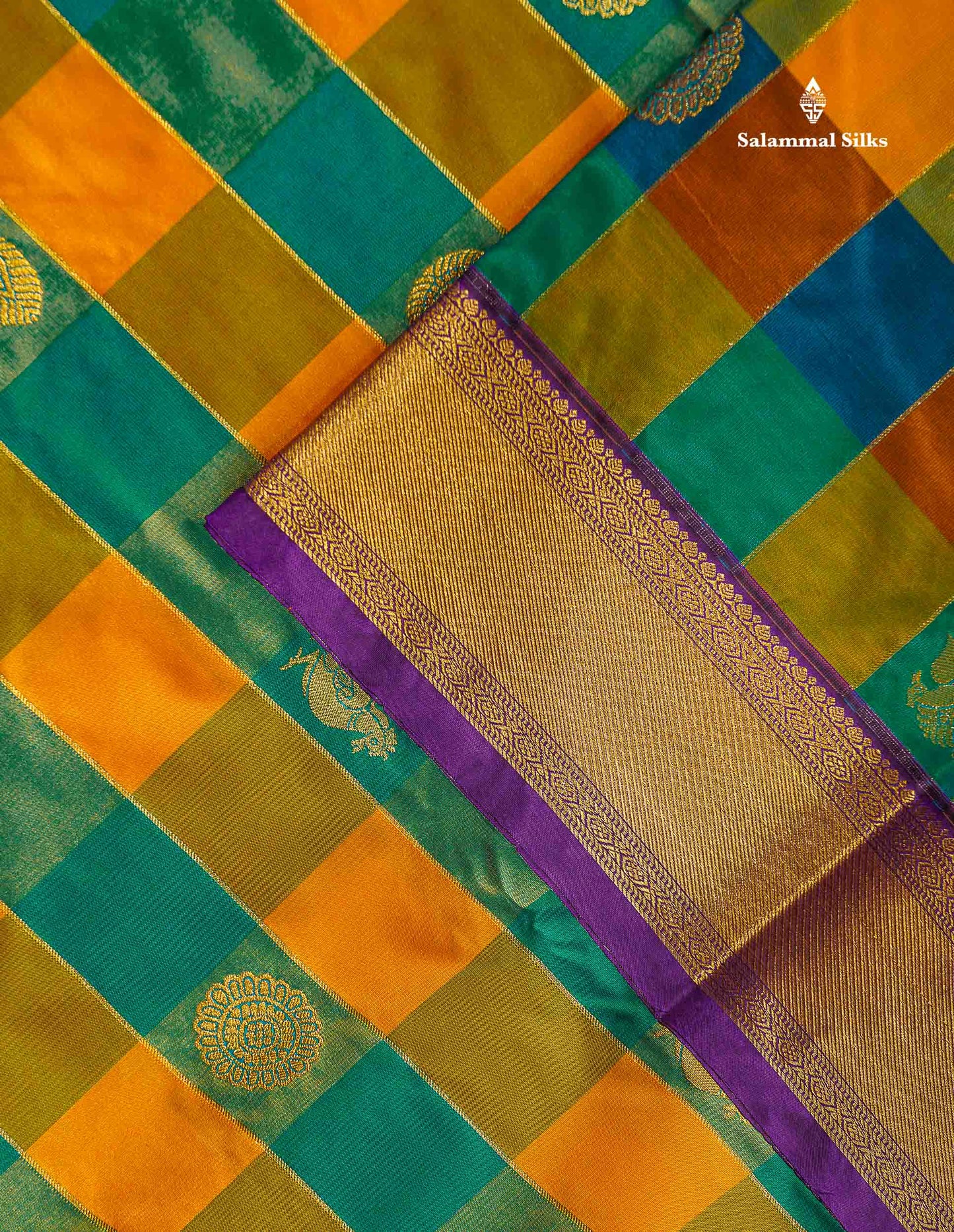Semi Silk Saree - Paalum Pazham Checks With Traditional Buttas & Purple Border