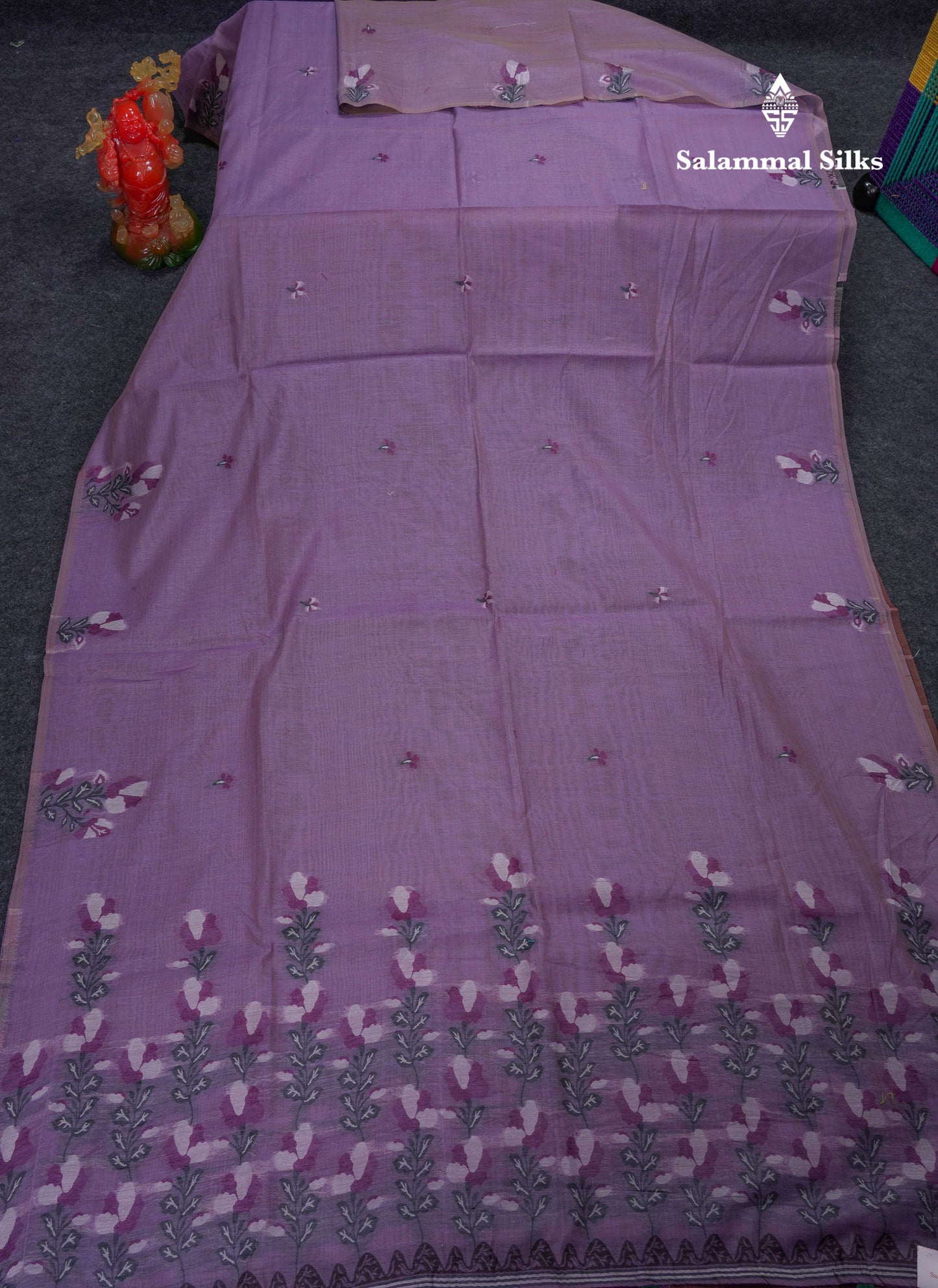 Beautiful Lavender Thread Work Butta Cotton Mix Saree With Contrast Magenta Blouse