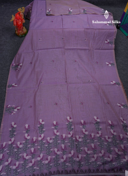Beautiful Lavender Thread Work Butta Cotton Mix Saree With Contrast Magenta Blouse
